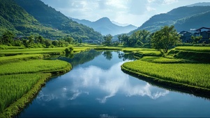 绿色护眼山脉溪流稻田