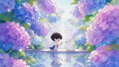 鲜花湖边男孩和猫咪