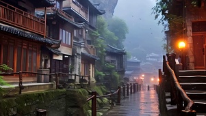 古风雨天树木房屋带鱼屏