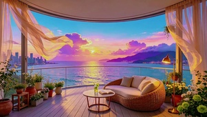 超治愈暮色霞光大海窗景