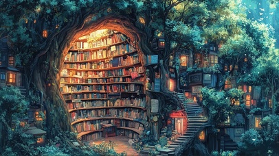 森林静谧绿色树洞书店