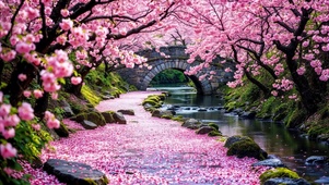 石桥花树溪流