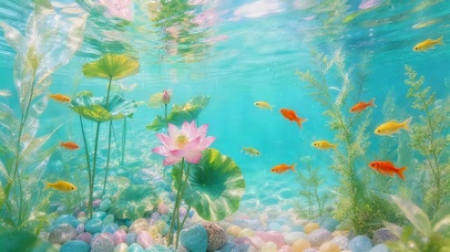 小清新水下荷花小鱼