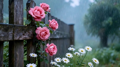 篱边雨玫瑰 听雨