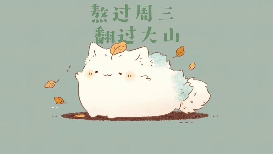 浅灰绿背景上的白胖软萌小猫，周边飘着落叶，上方配有绿色文字