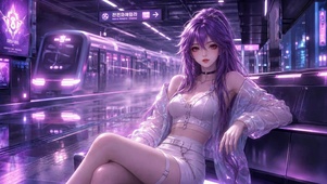 紫发赛博朋克地铁站美少女