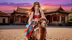 沙漠骑骆驼的新疆红衣美女2