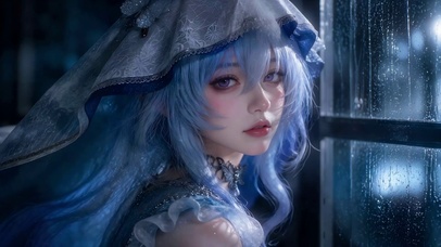 蓝发少女雨夜窗边唯美壁纸