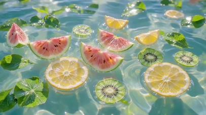 漂浮水面的夏日水果