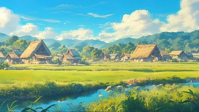 清新绿色河畔茅草屋