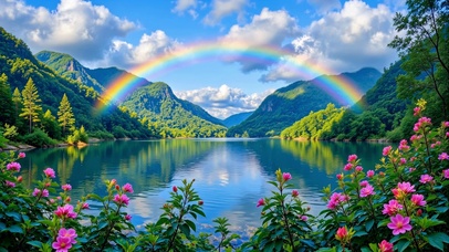 湖面上的彩虹与青山