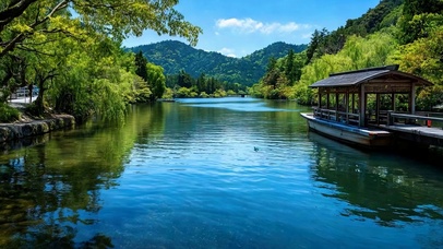 护眼白云树木河流