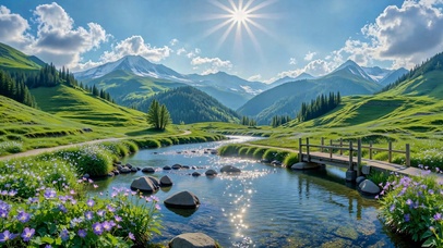 晴天山谷溪流治愈风景