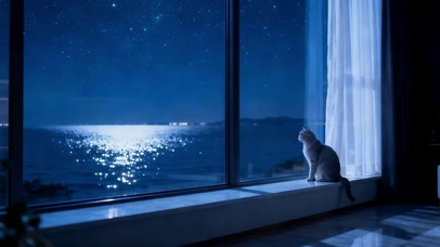 夜晚独坐的小猫