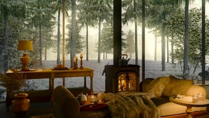 雪天树林壁炉别墅
