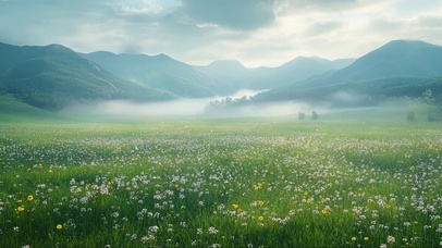 阴天山林绿色雏菊花海