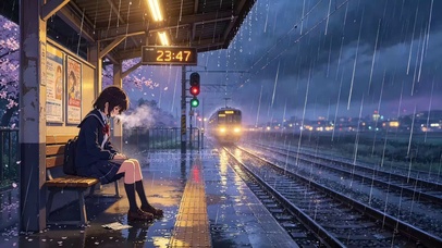 雨中候车亭