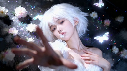 白蝶与繁花中的银发梦幻佳人