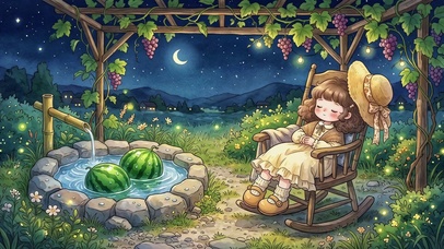 夏夜庭院少女纳凉