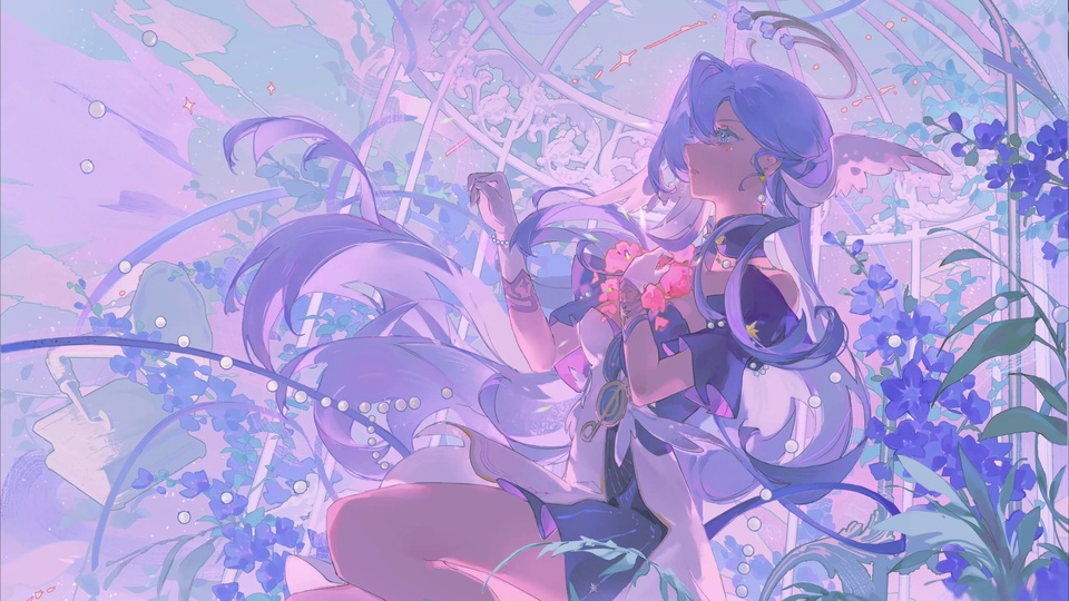 紫发少女托粉色花束，四周环绕蓝紫花簇，背景是淡粉青天空与白色温室拱架。