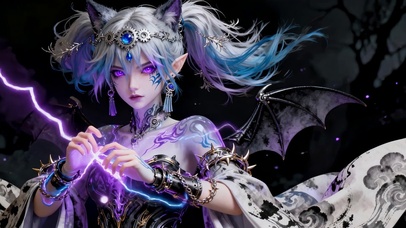 3D魔幻风雷电银发精灵狐耳少女