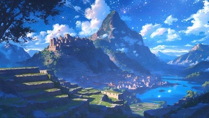 星夜山谷石头建筑乡村