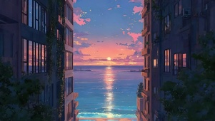 渐变晚霞港风城市海景