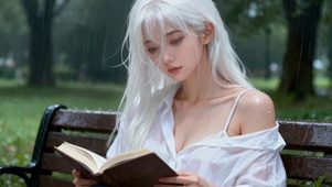 下雨天公园长椅性感纯欲吊带女孩