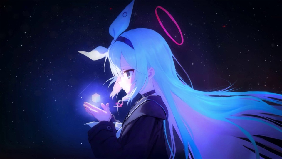 蓝发少女托着发光晶块，身处深邃星空之下