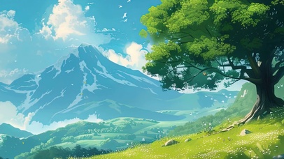 护眼蓝天白云树木草地绿景带鱼屏