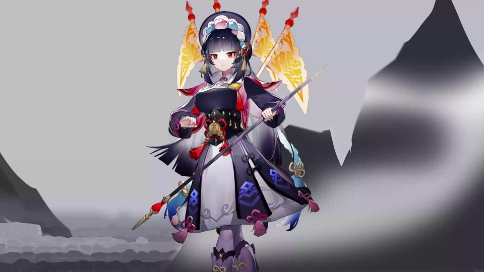 黑发红瞳二次元少女身着戏曲风格衣裙，持长柄兵器立于水墨灰山之间。
