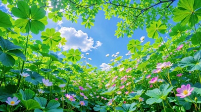 蓝天白云花丛治愈风景