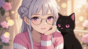 可爱女孩和黑猫