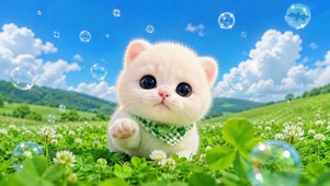 清新草地可爱泡泡奶猫
