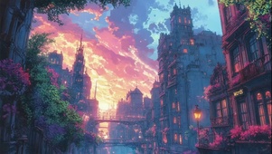 傍晚城市黄昏彩霞风景