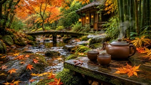 秋天落叶溪流品茶