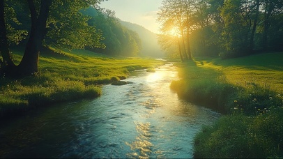 日出清新森林溪流