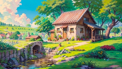 夏日溪边树林小屋