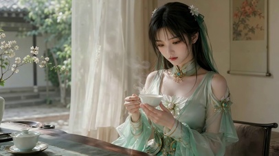 古风绿衣少女品茶