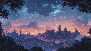 星空夜幕森林城市建筑