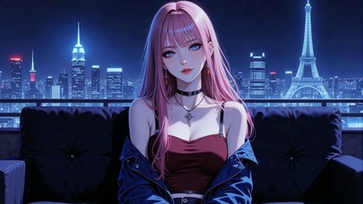 粉发甜酷夜城美女