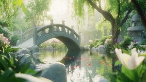 春日朦胧古桥湖畔风景