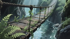清新绿色森林河面吊桥