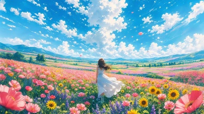 治愈蓝天花海女孩