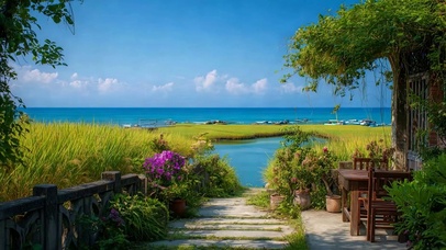 蓝天白云树木海景