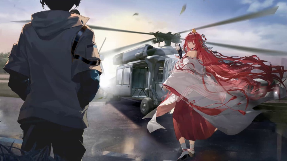 黄昏停机坪上，红发红裙白披帛的少女回头挥手，旁侧停着旋翼转动的直升机，前景立着背向的黑衣人物。