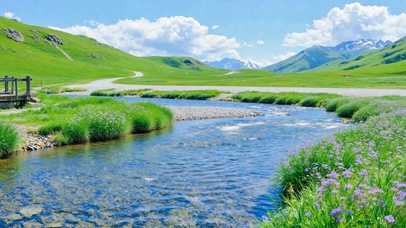 清新河畔绿草原野风景
