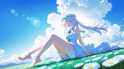晴空草地雏菊银发美少女