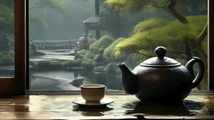 古风雨天绿景茶座带鱼屏