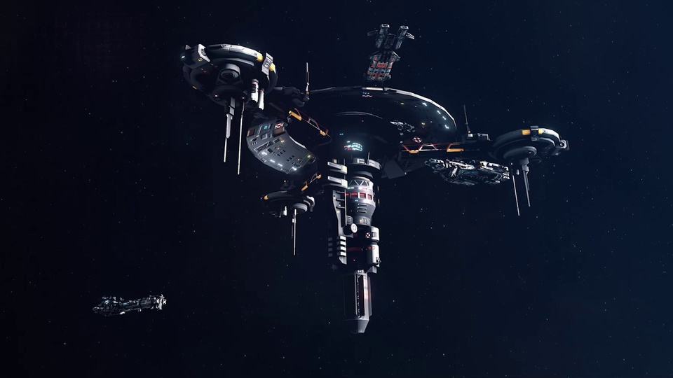 星空背景下的环形科幻太空空间站与小型深空飞船